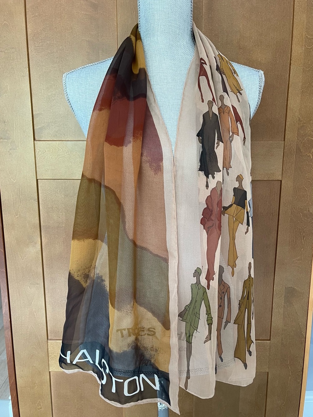 Vintage HALSTON Silk Chiffon Oblong Scarf w Earth Tones & Fashion Illustrations